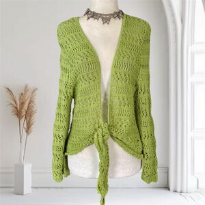 Vintage Made in USA Fairy Grunge Crochet Green Front Tie Cardigan XL 16 / 18